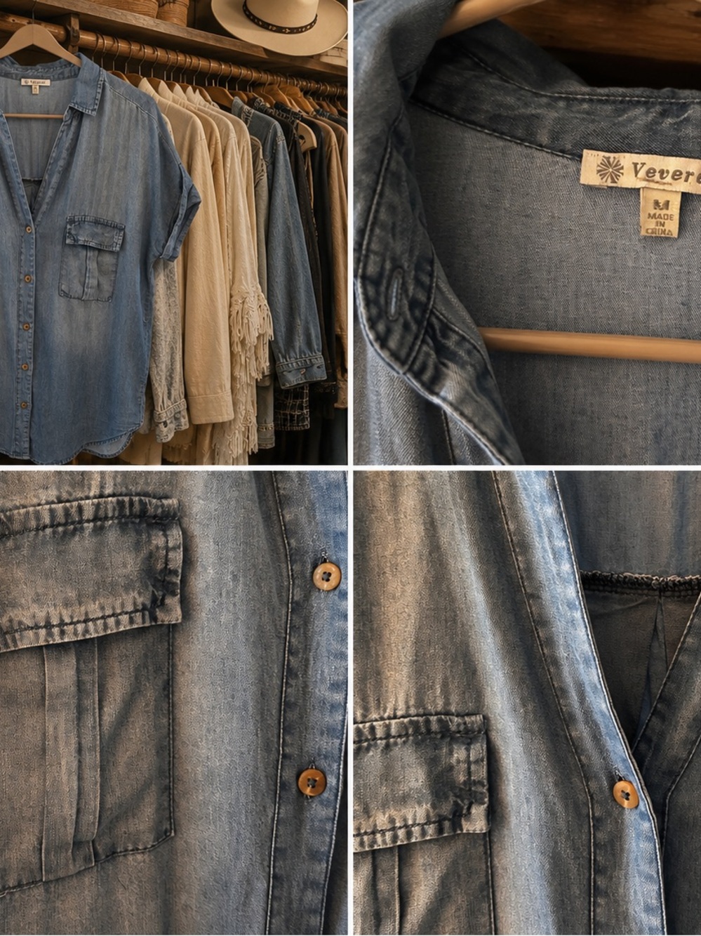 Vevero Washed Denim Button-Up Shirt - Light Blue